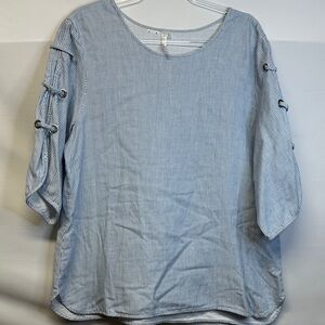 Lulu B Blue White Stripe Top Cotton Blouse 3/4 Sleeve Side Tie Resort Wear L